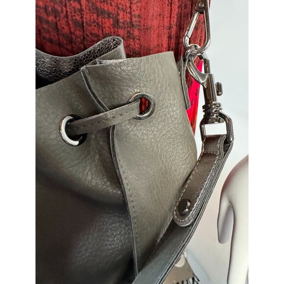 Neiman Marcus Gray Leather Look Drawstring Crossbody Bag Adjustable Strap - Picture 12 of 16